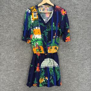 Malagueta Mini Dress Women 36 Blue Geometric Short V-Neck 3/4 Sleeve Casual